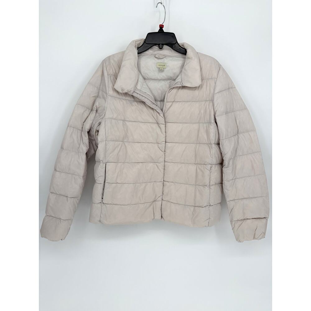 Aspen Womens Large Down Puffer Jacket Packable Beige Coat w Carry Bag